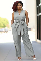 Newinlook Pool Blue V-Neck Sleeveless Jump Suit With Bow Belt