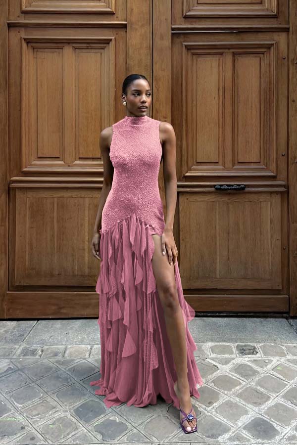 High Neck Sleeveless Long Mermaid Formal Dress With Split Ruffles