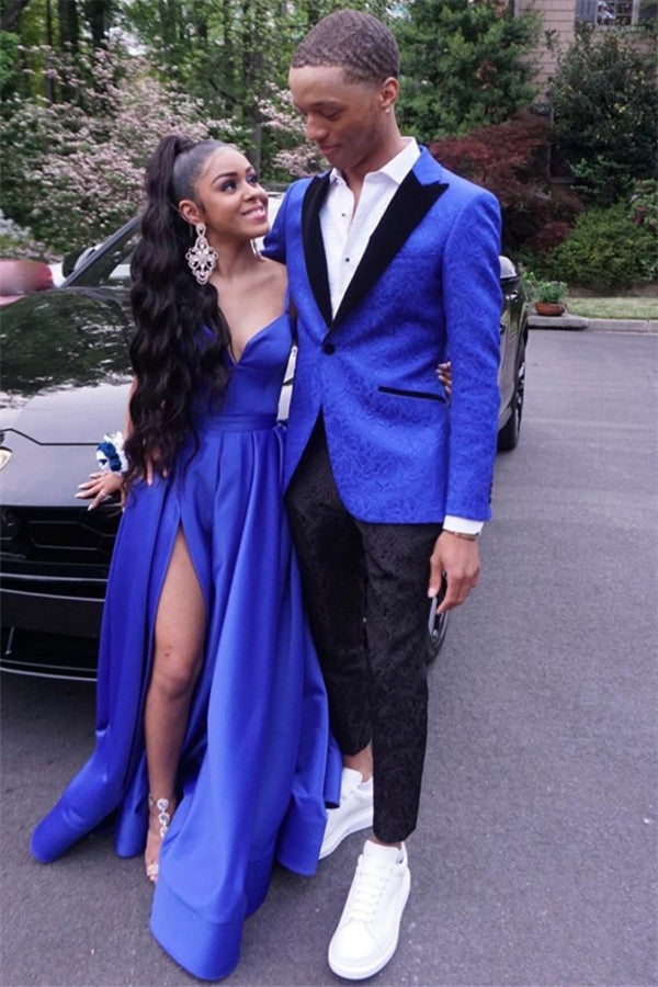 Newinlook Royal Blue Dinner Prom Suit - Stylish One Button, Jacquard Peaked Lapel