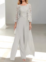 Floor-Length Square Neck Chiffon Mother of the Bride Pantsuit with Jacket & Side Split