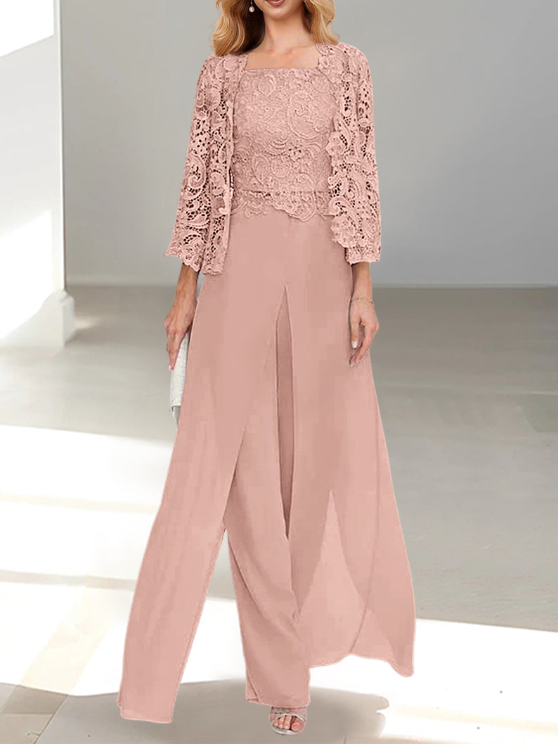 Floor-Length Square Neck Chiffon Mother of the Bride Pantsuit with Jacket & Side Split