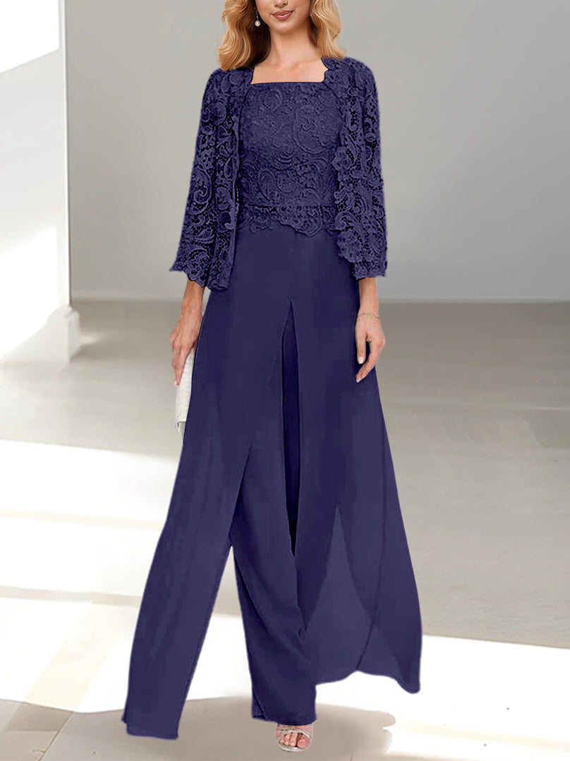 Floor-Length Square Neck Chiffon Mother of the Bride Pantsuit with Jacket & Side Split