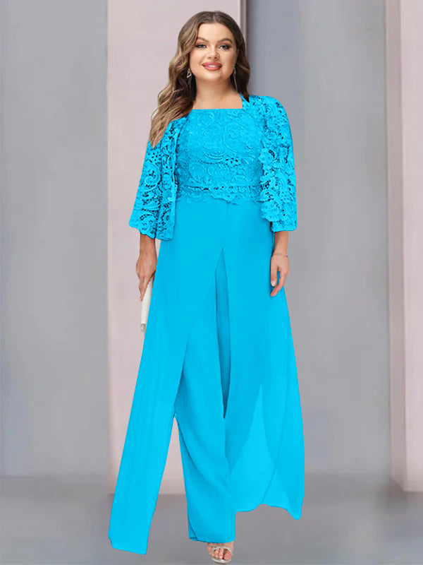 Plus Size Floor-Length Chiffon Pantsuit for the Mother of the Bride with Square Neck and Side Split