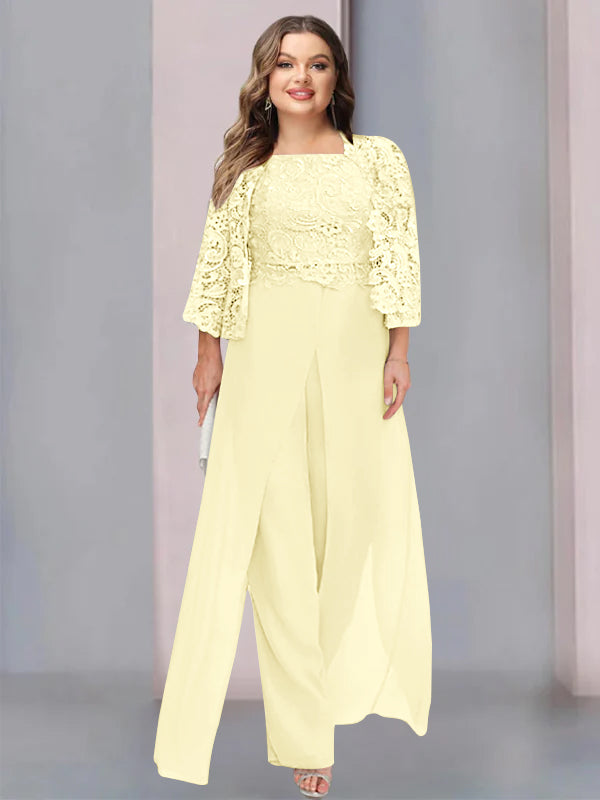 Plus Size Floor-Length Chiffon Pantsuit for the Mother of the Bride with Square Neck and Side Split