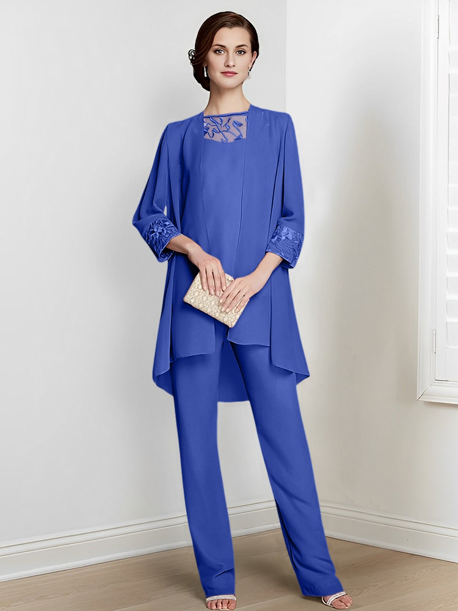 Floor-Length Square Neck Chiffon Pantsuit With Long Sleeves and Jacket for the Mother of the Bride