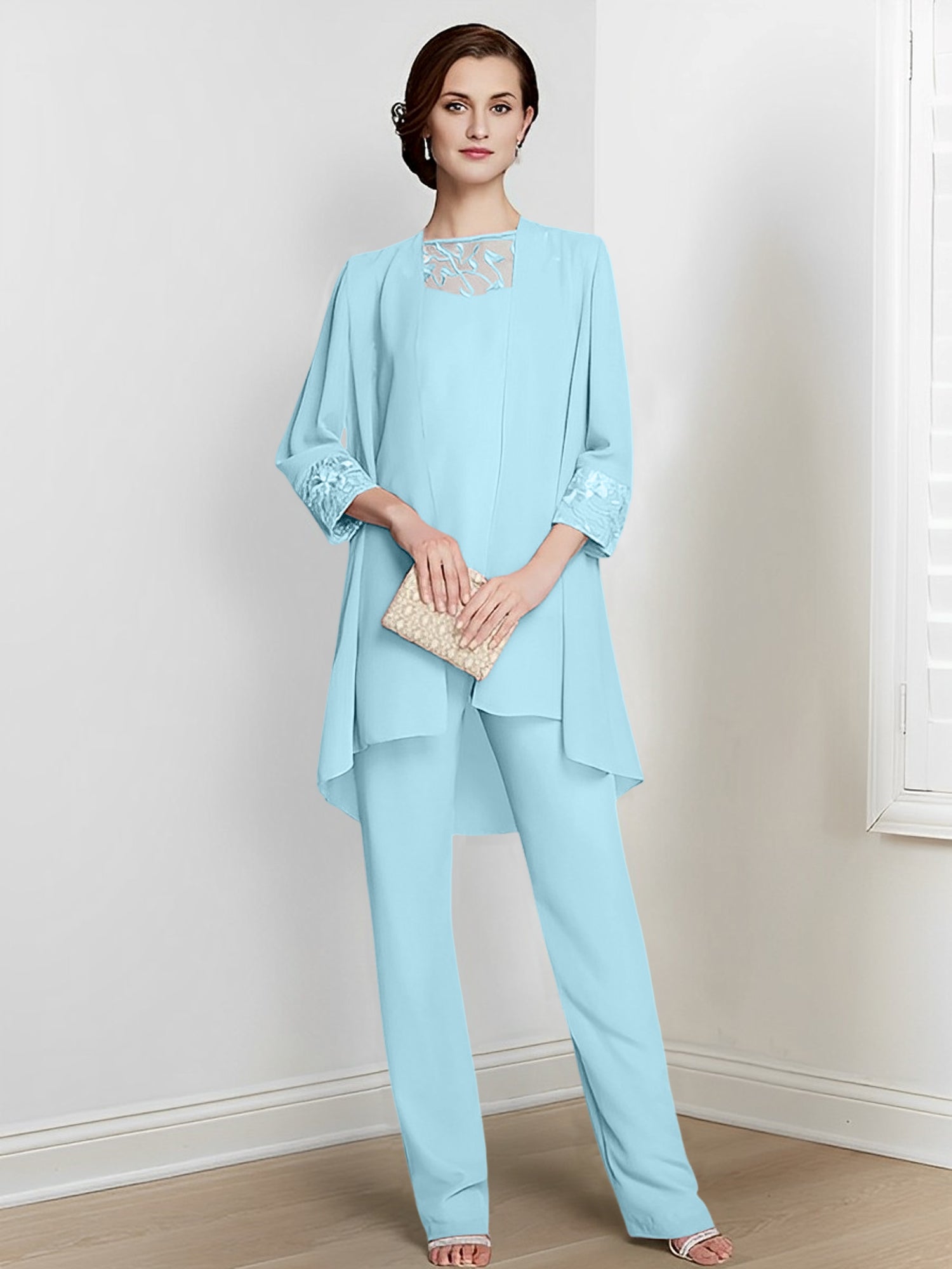 Floor-Length Square Neck Chiffon Pantsuit With Long Sleeves and Jacket for the Mother of the Bride