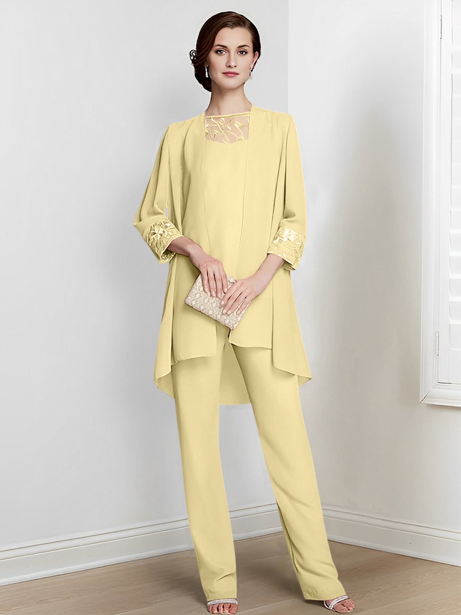 Floor-Length Square Neck Chiffon Pantsuit With Long Sleeves and Jacket for the Mother of the Bride