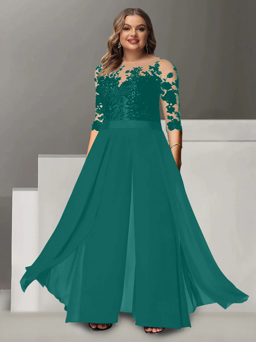 Princess A-Line Floor-Length Plus Size Mother of the Bride Pantsuit with Applique and 3/4 Sleeves Jewel Neck