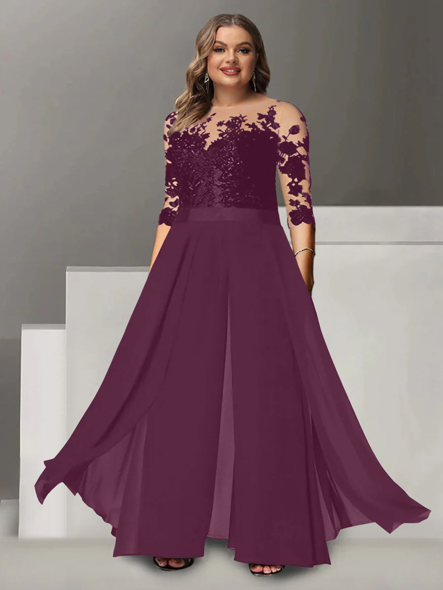 Princess A-Line Floor-Length Plus Size Mother of the Bride Pantsuit with Applique and 3/4 Sleeves Jewel Neck