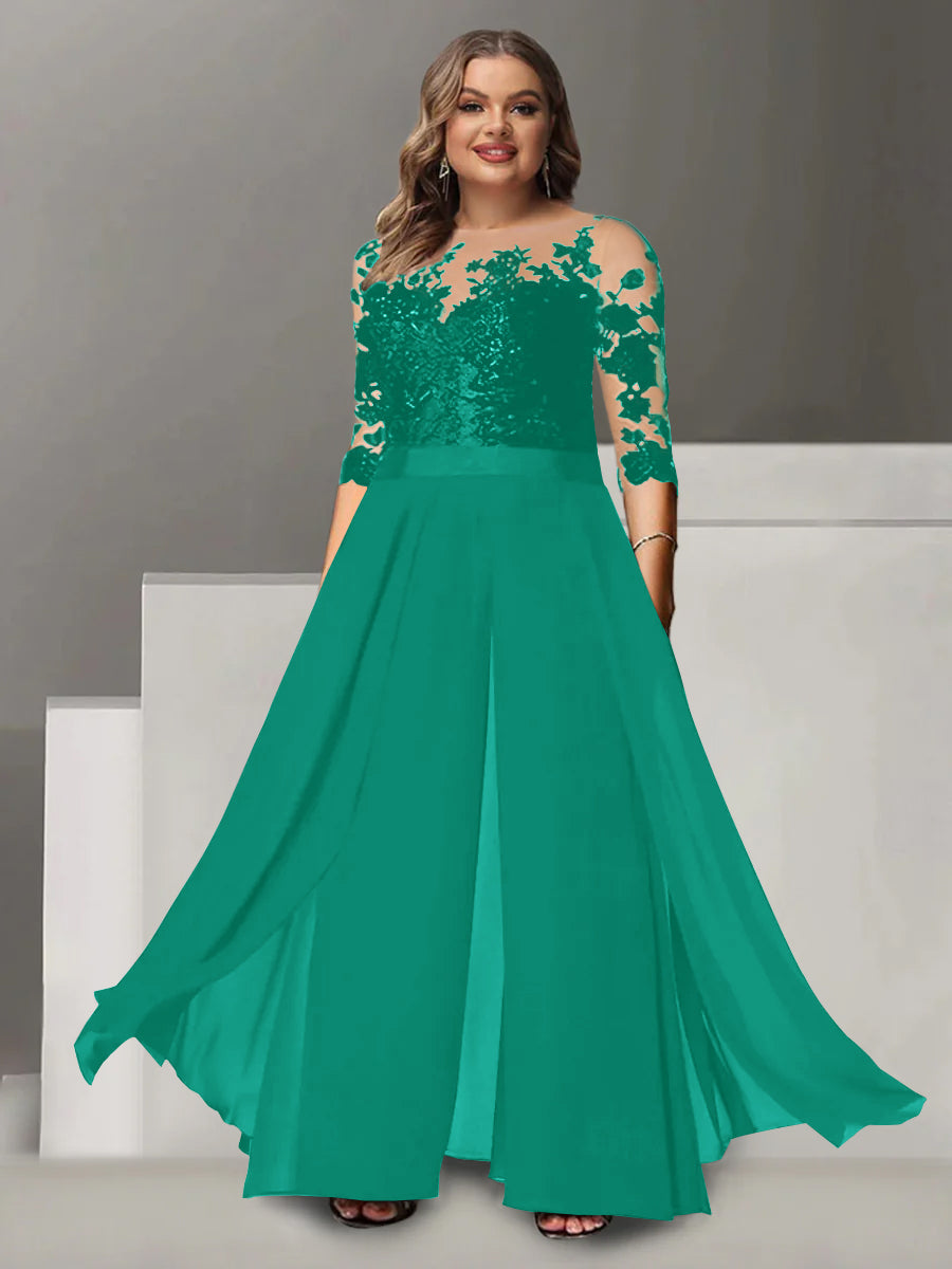 Princess A-Line Floor-Length Plus Size Mother of the Bride Pantsuit with Applique and 3/4 Sleeves Jewel Neck