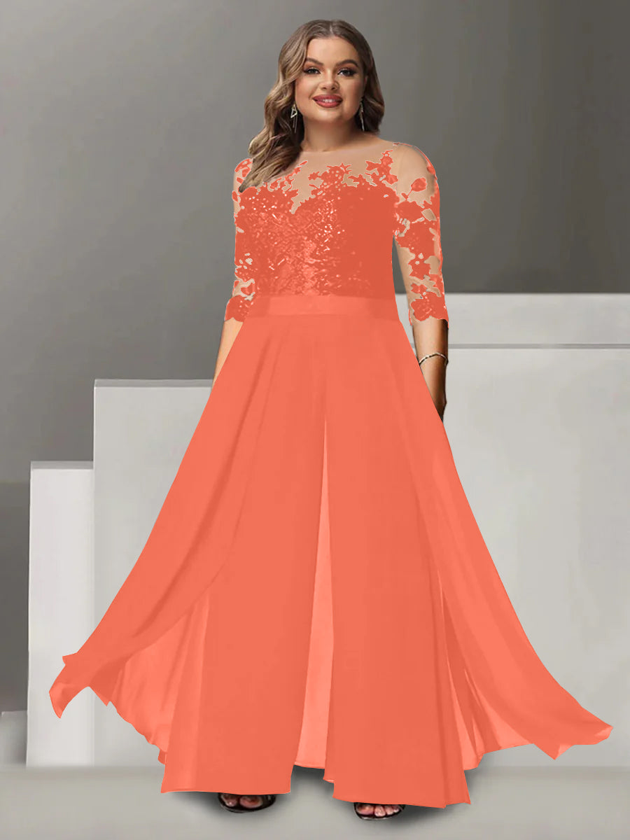 Princess A-Line Floor-Length Plus Size Mother of the Bride Pantsuit with Applique and 3/4 Sleeves Jewel Neck