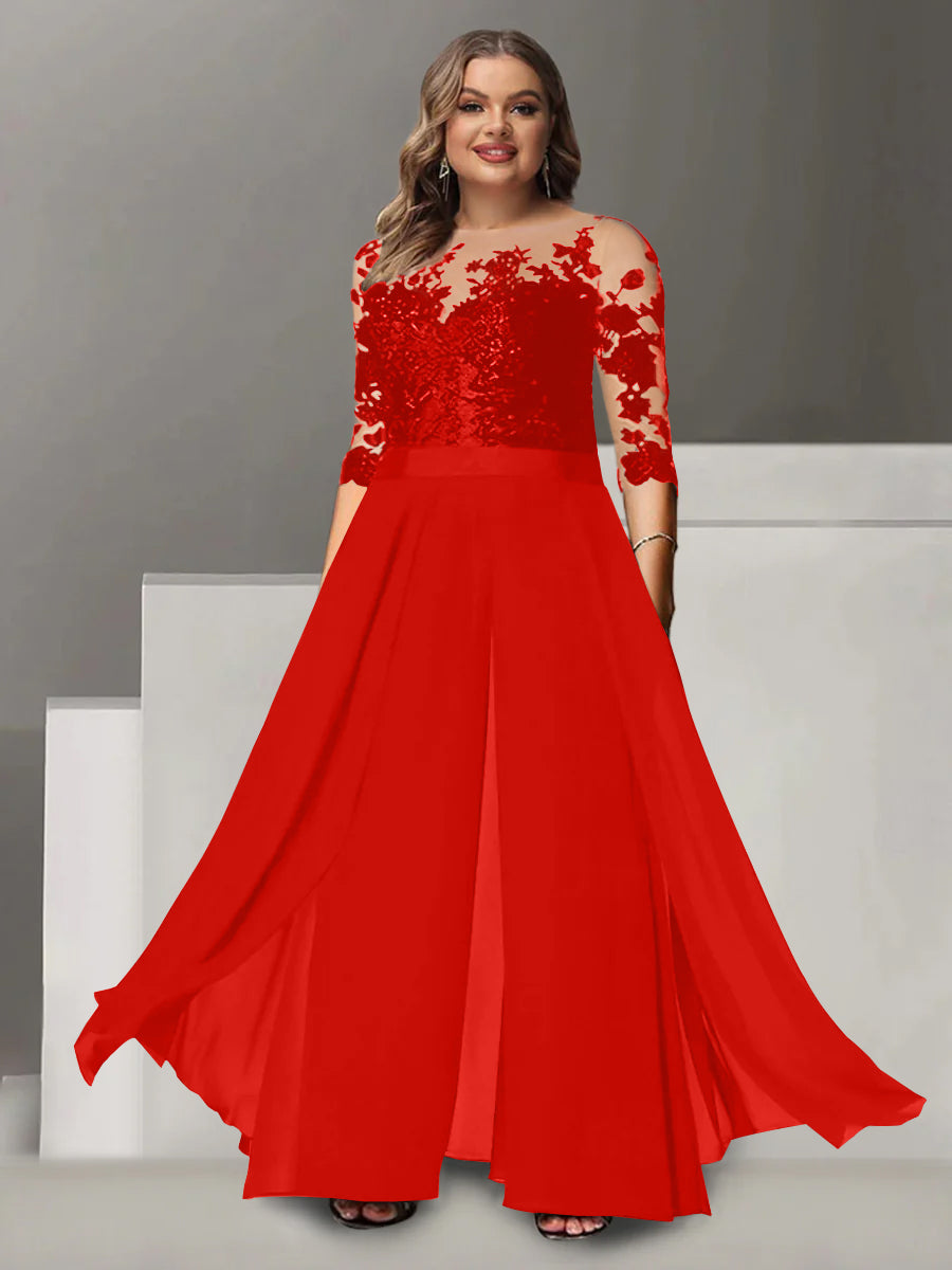Princess A-Line Floor-Length Plus Size Mother of the Bride Pantsuit with Applique and 3/4 Sleeves Jewel Neck
