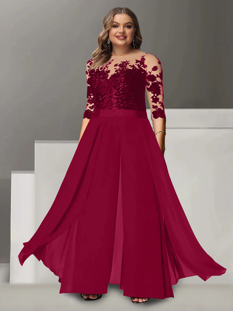 Princess A-Line Floor-Length Plus Size Mother of the Bride Pantsuit with Applique and 3/4 Sleeves Jewel Neck
