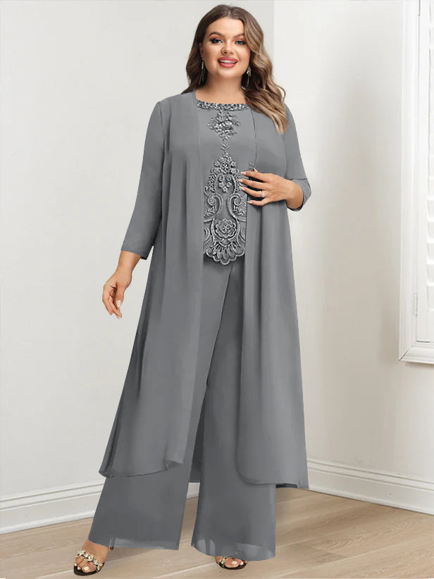 Plus Size Floor-Length Chiffon Pantsuit for the Mother of the Bride with Round Neck and Applique Jacket