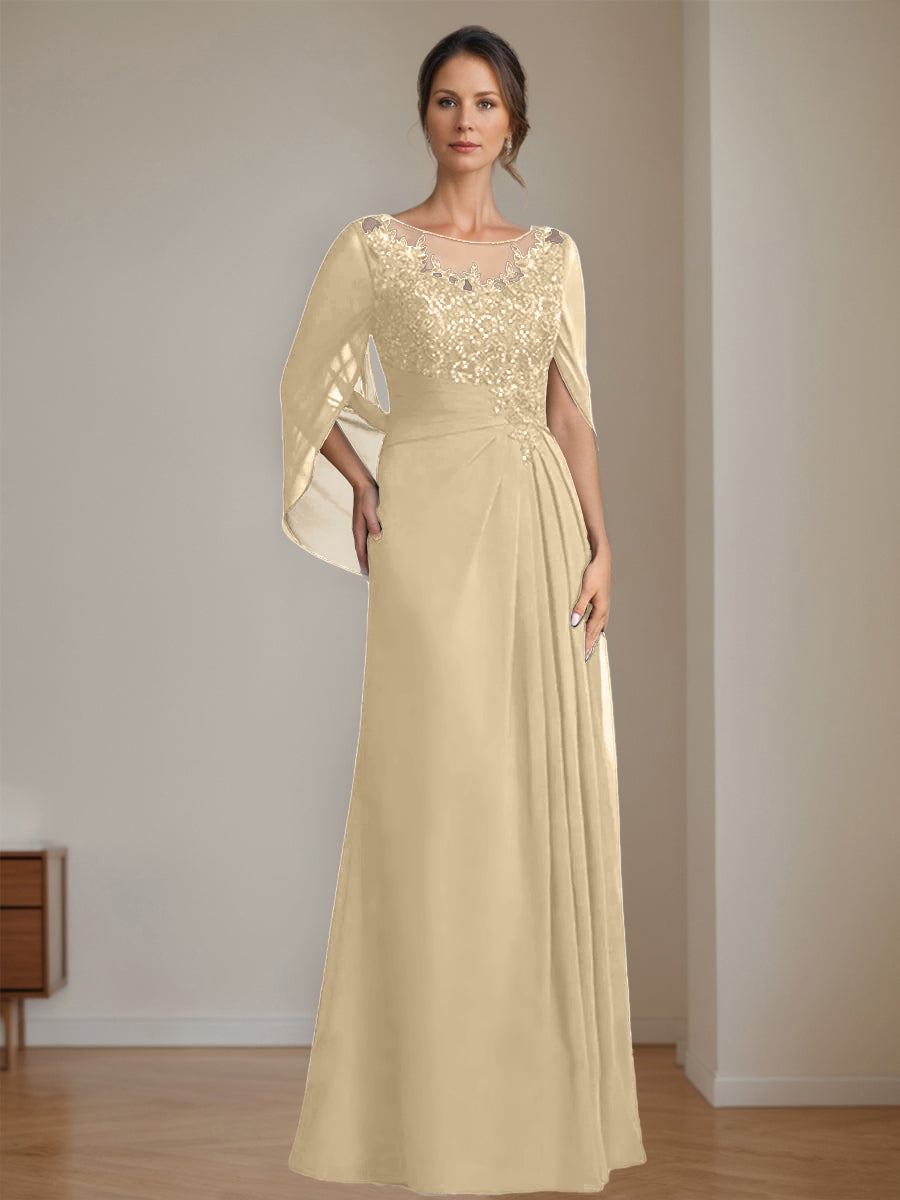 Floor-Length A-Line Princess Mother of the Bride Dresses with Scoop Neckline Pleated & Sequins