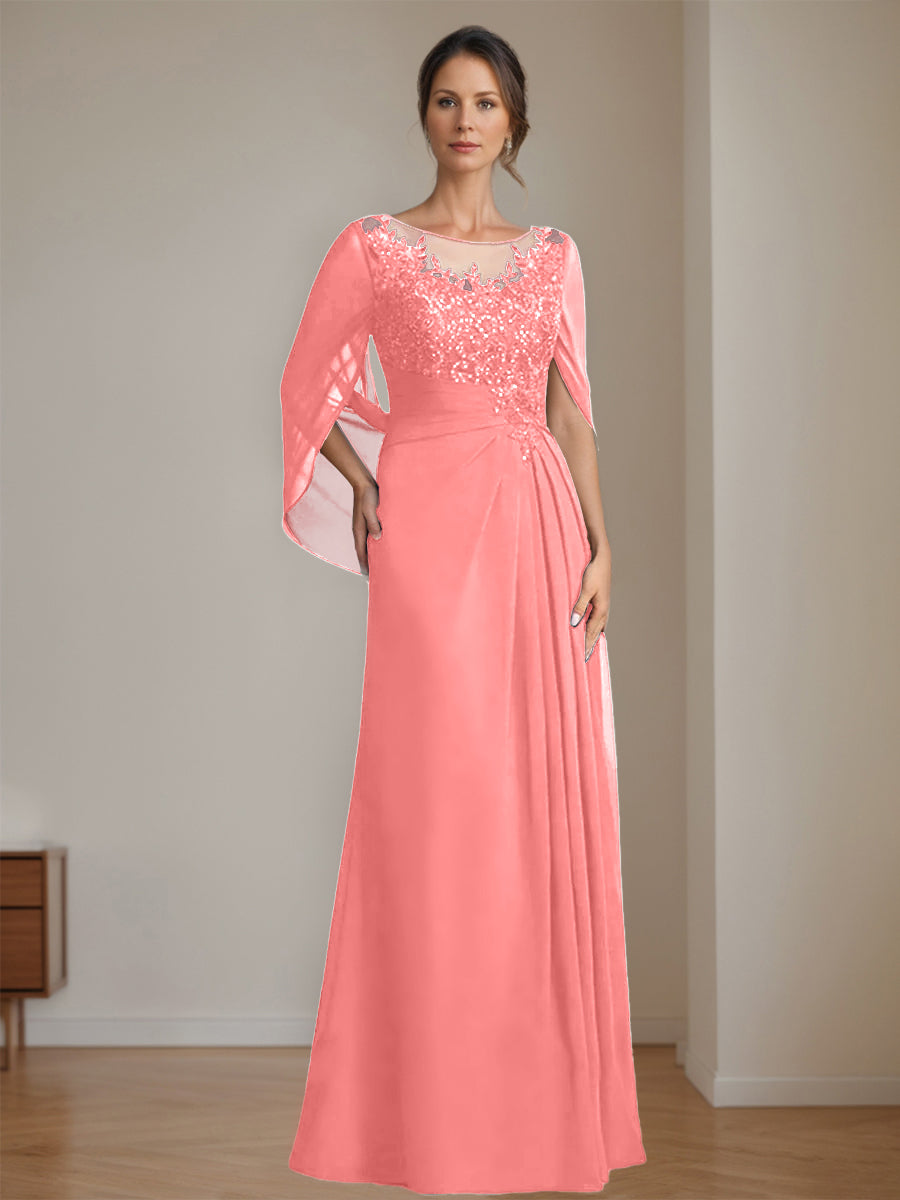 Floor-Length A-Line Princess Mother of the Bride Dresses with Scoop Neckline Pleated & Sequins
