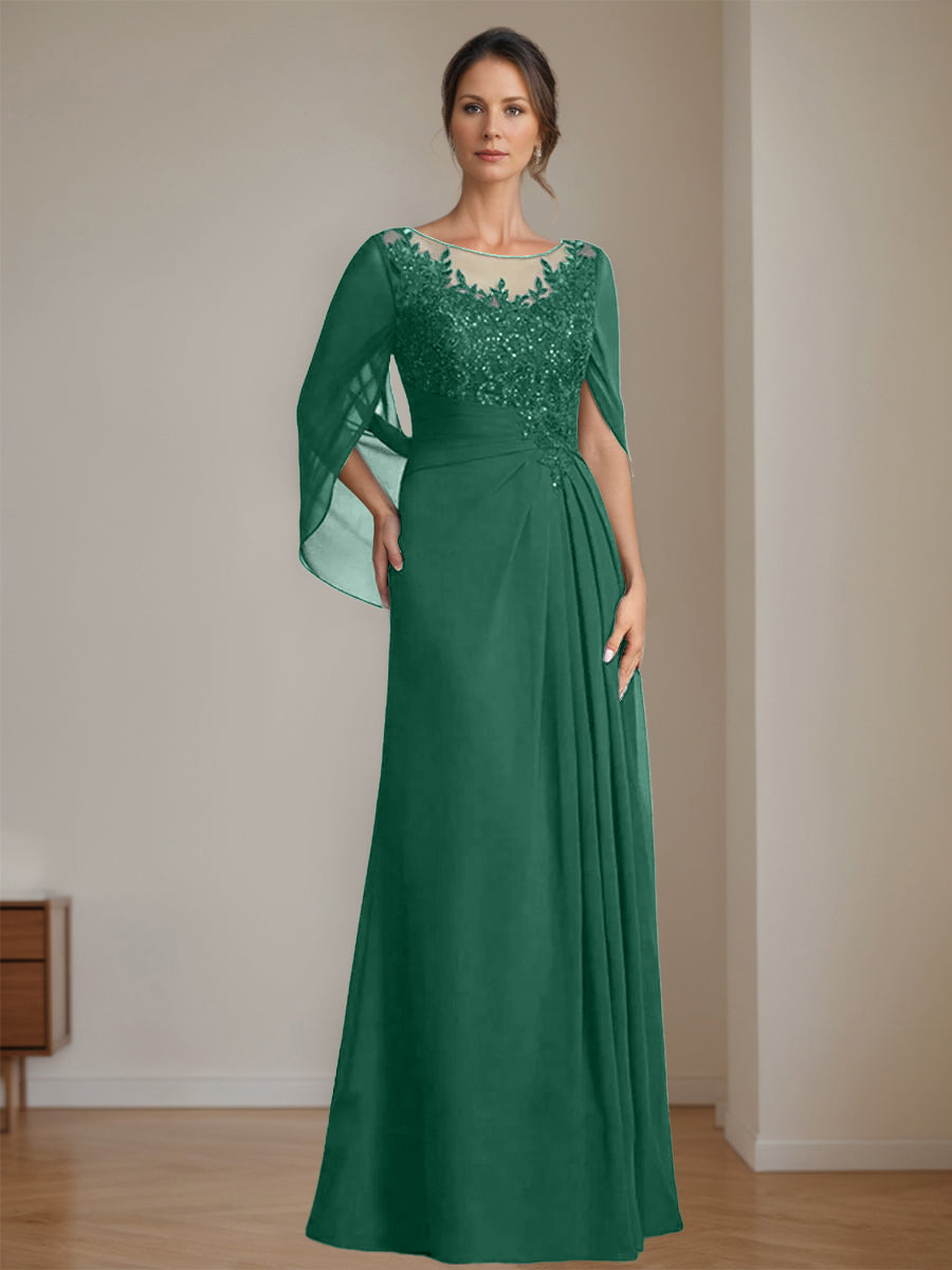 Floor-Length A-Line Princess Mother of the Bride Dresses with Scoop Neckline Pleated & Sequins