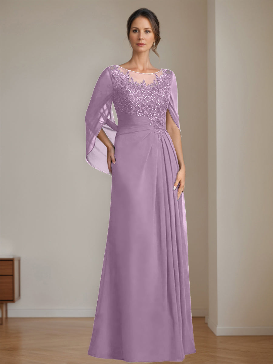 Floor-Length A-Line Princess Mother of the Bride Dresses with Scoop Neckline Pleated & Sequins