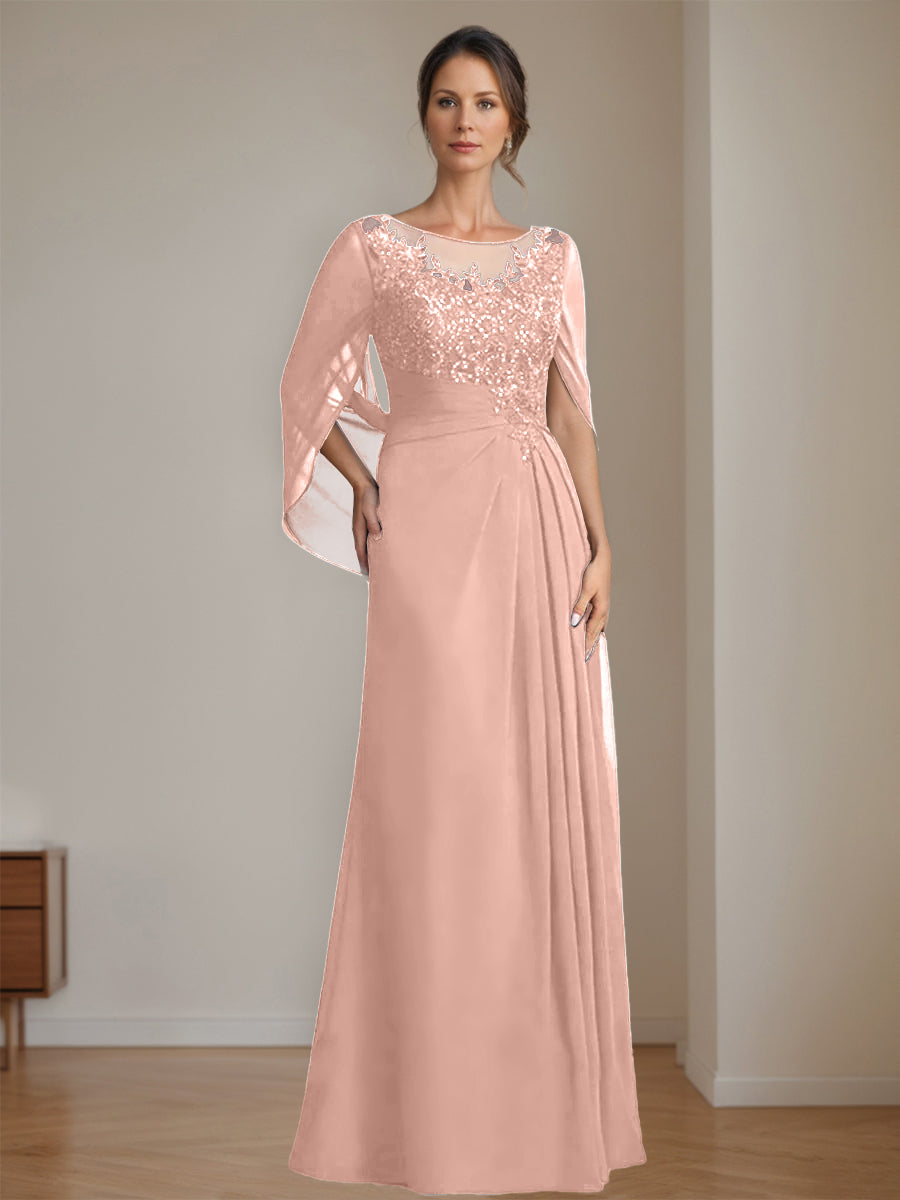 Floor-Length A-Line Princess Mother of the Bride Dresses with Scoop Neckline Pleated & Sequins