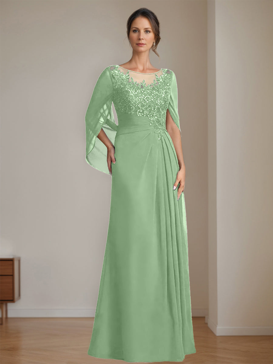 Floor-Length A-Line Princess Mother of the Bride Dresses with Scoop Neckline Pleated & Sequins