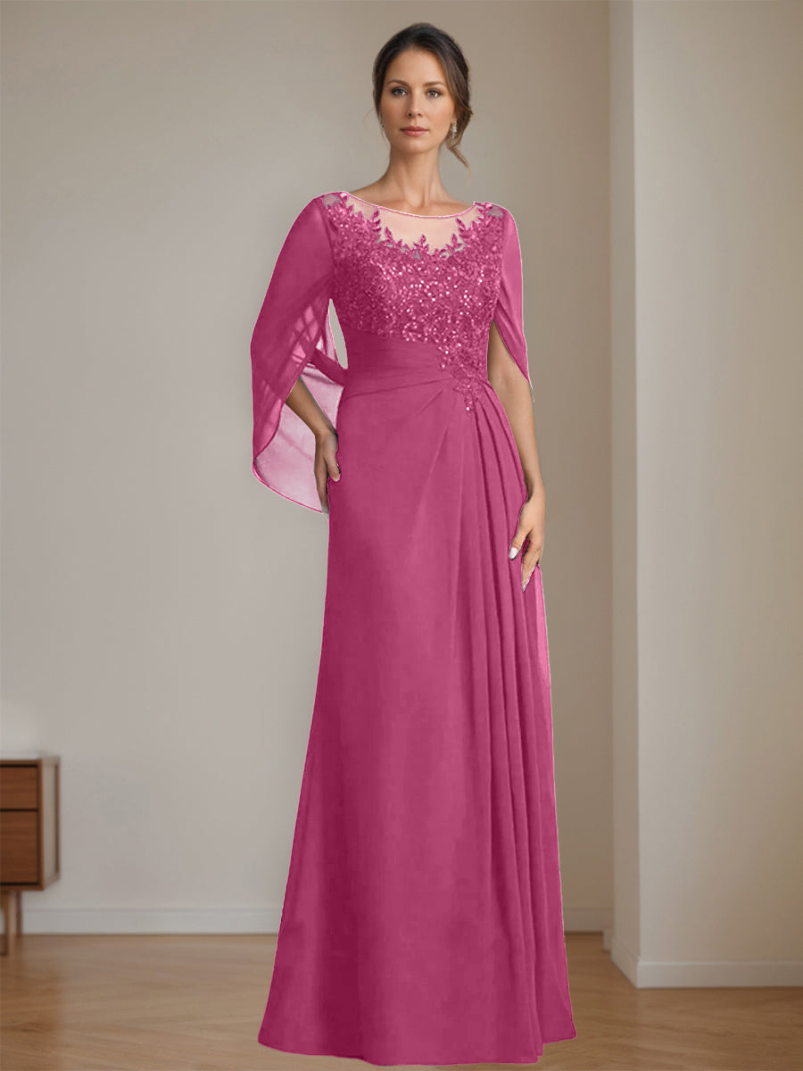 Floor-Length A-Line Princess Mother of the Bride Dresses with Scoop Neckline Pleated & Sequins