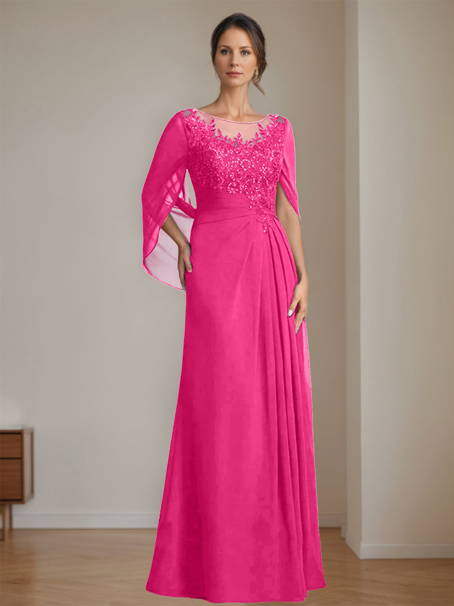 Floor-Length A-Line Princess Mother of the Bride Dresses with Scoop Neckline Pleated & Sequins