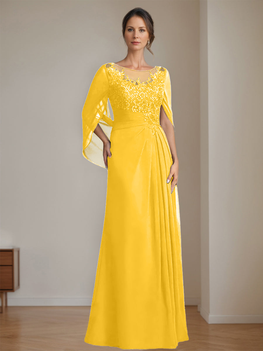Floor-Length A-Line Princess Mother of the Bride Dresses with Scoop Neckline Pleated & Sequins