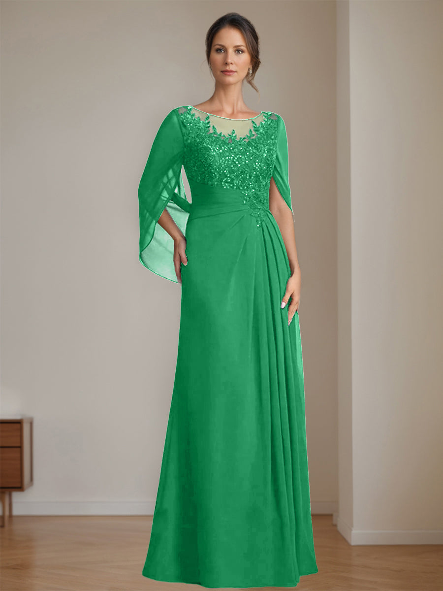 Floor-Length A-Line Princess Mother of the Bride Dresses with Scoop Neckline Pleated & Sequins