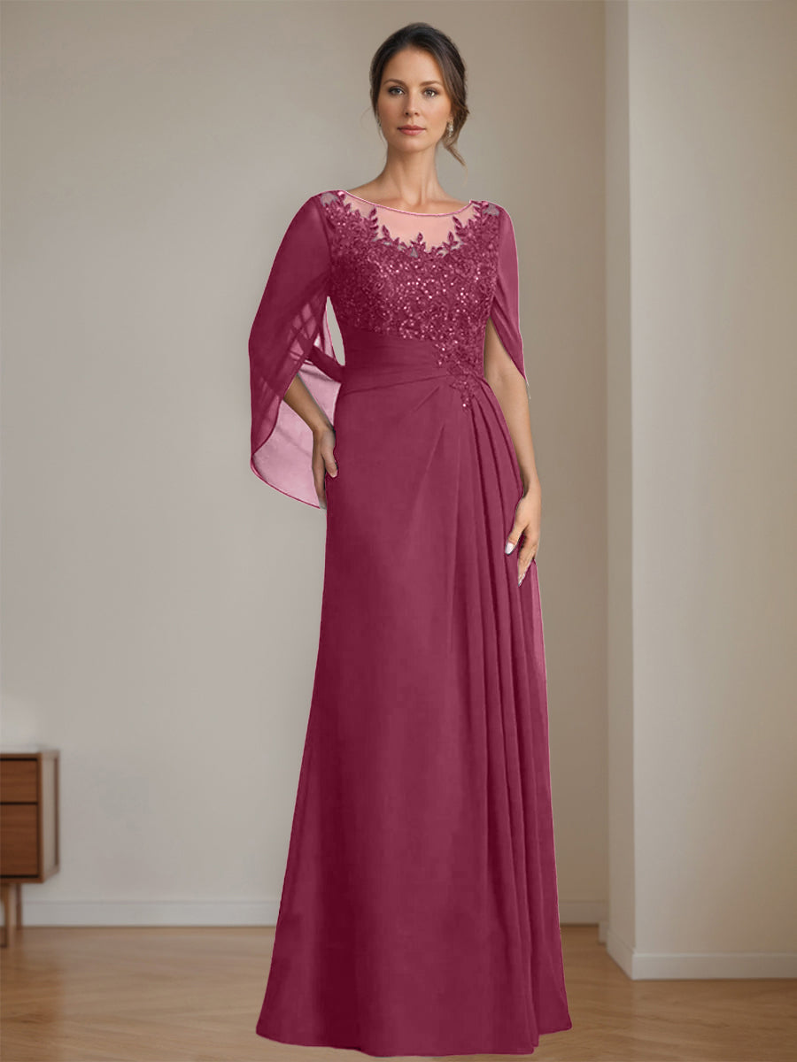Floor-Length A-Line Princess Mother of the Bride Dresses with Scoop Neckline Pleated & Sequins