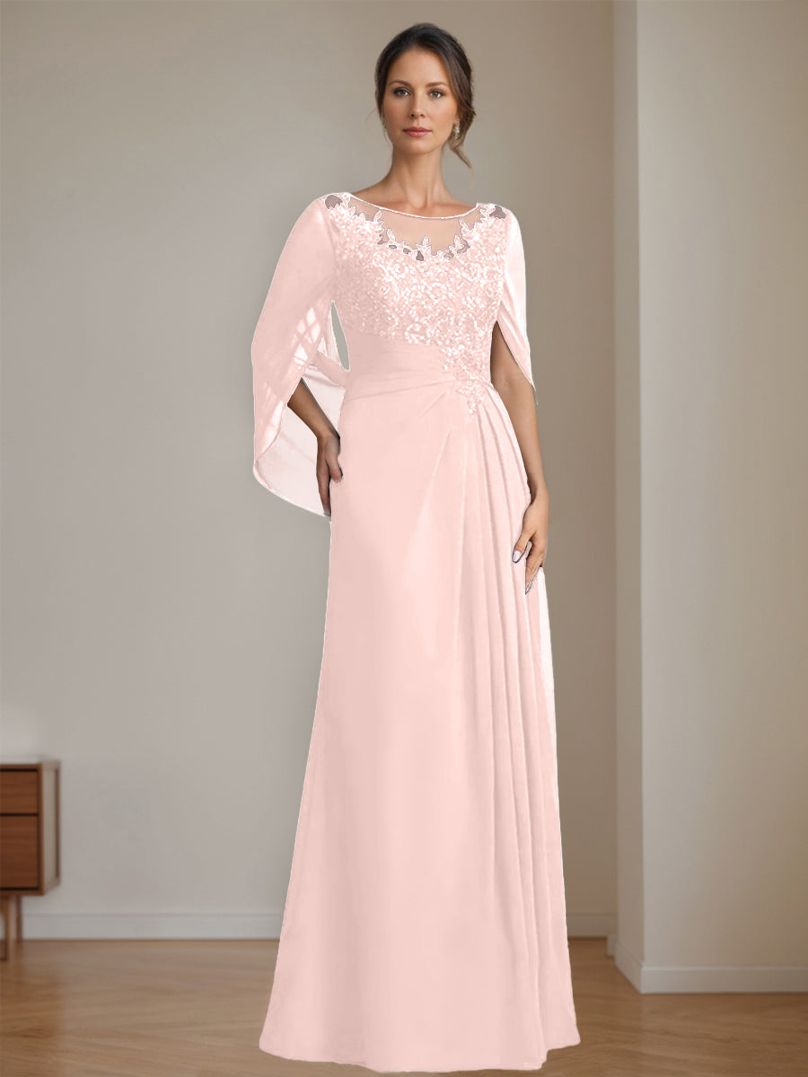 Floor-Length A-Line Princess Mother of the Bride Dresses with Scoop Neckline Pleated & Sequins