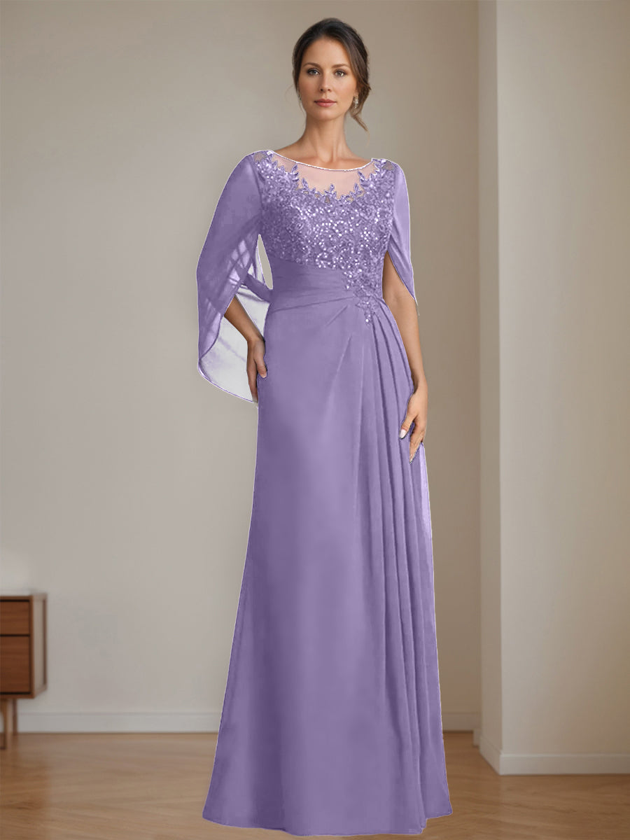 Floor-Length A-Line Princess Mother of the Bride Dresses with Scoop Neckline Pleated & Sequins