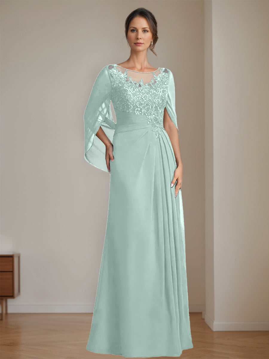 Floor-Length A-Line Princess Mother of the Bride Dresses with Scoop Neckline Pleated & Sequins