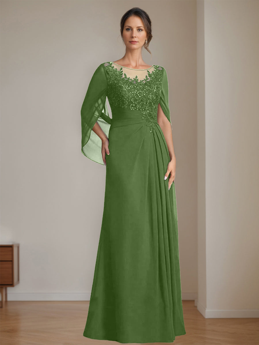 Floor-Length A-Line Princess Mother of the Bride Dresses with Scoop Neckline Pleated & Sequins