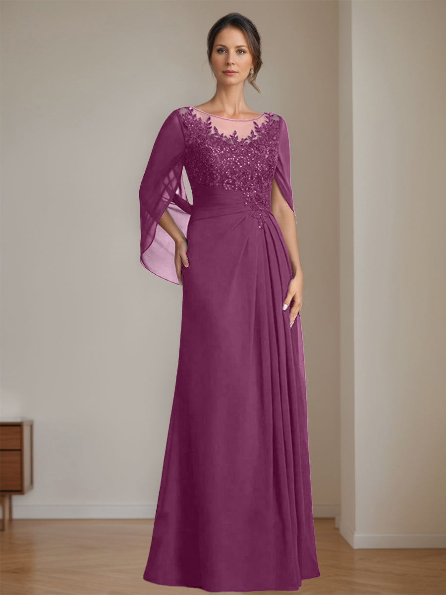 Floor-Length A-Line Princess Mother of the Bride Dresses with Scoop Neckline Pleated & Sequins