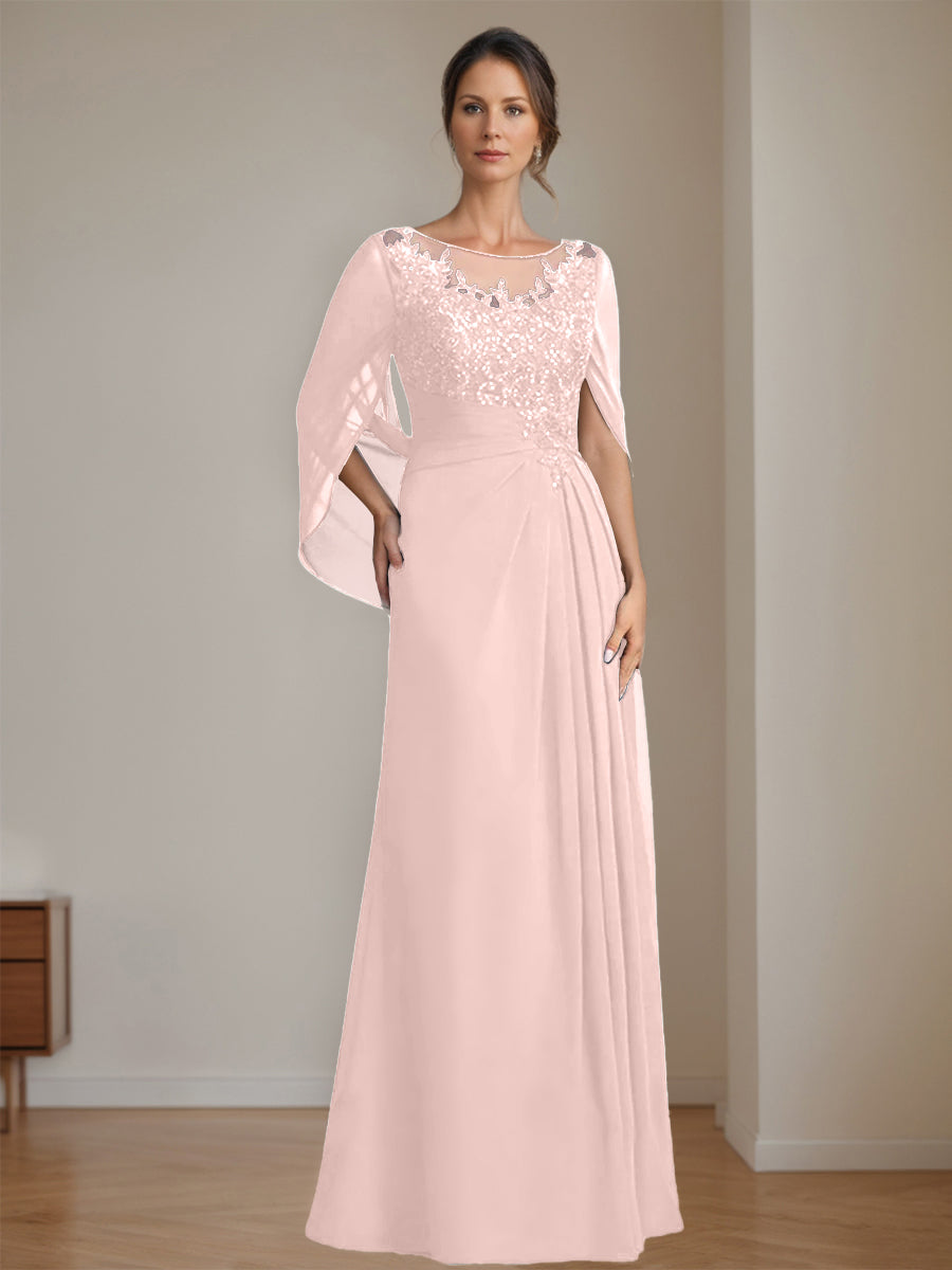 Floor-Length A-Line Princess Mother of the Bride Dresses with Scoop Neckline Pleated & Sequins