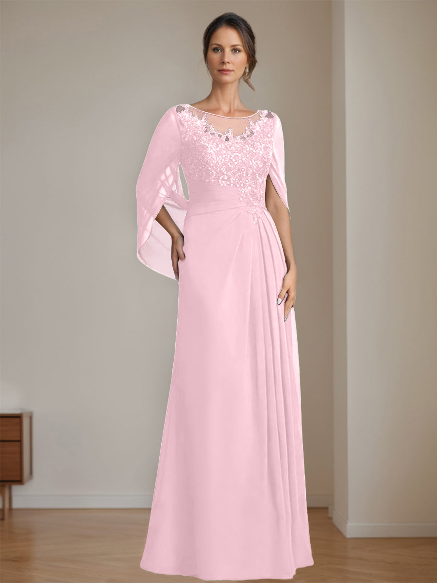 Floor-Length A-Line Princess Mother of the Bride Dresses with Scoop Neckline Pleated & Sequins
