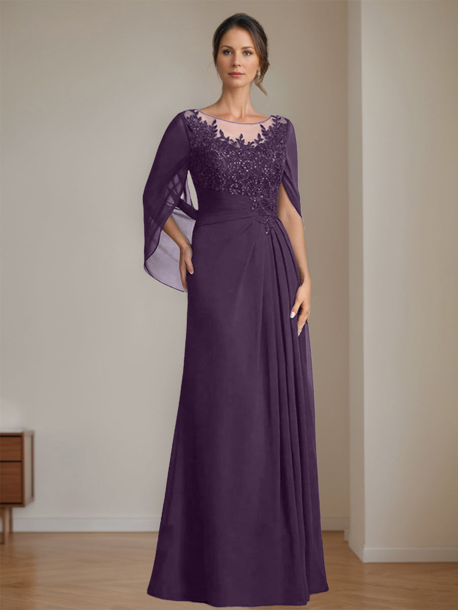 Floor-Length A-Line Princess Mother of the Bride Dresses with Scoop Neckline Pleated & Sequins