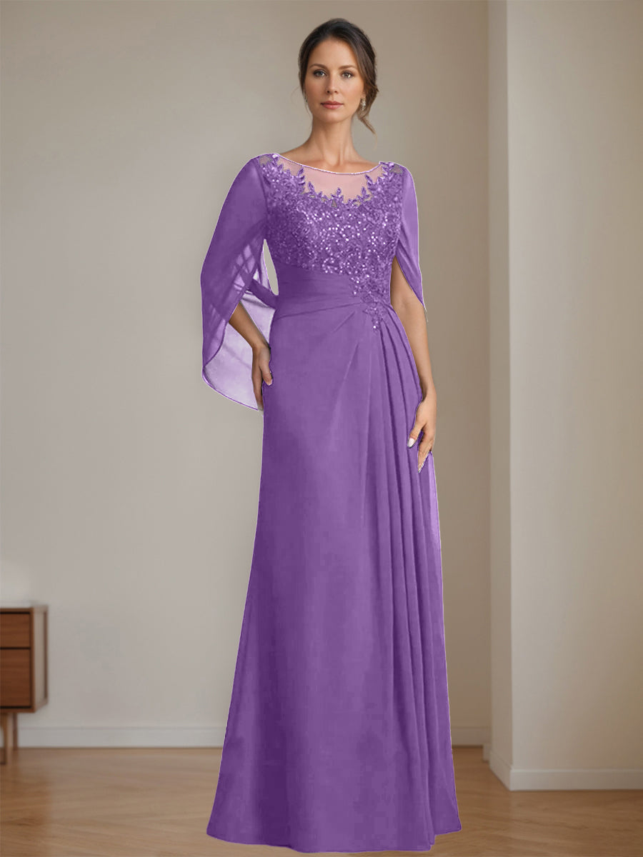 Floor-Length A-Line Princess Mother of the Bride Dresses with Scoop Neckline Pleated & Sequins