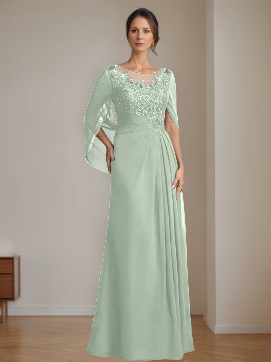 Floor-Length A-Line Princess Mother of the Bride Dresses with Scoop Neckline Pleated & Sequins