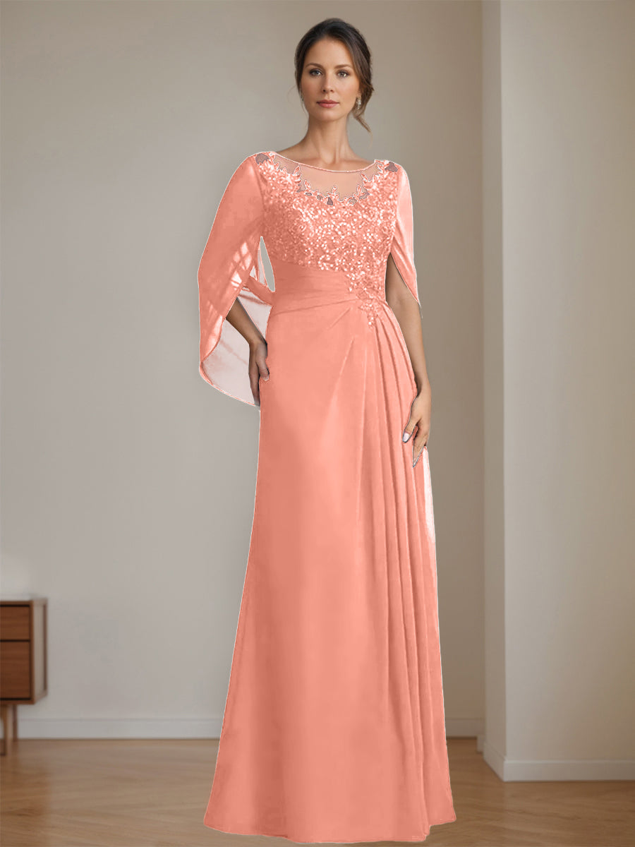 Floor-Length A-Line Princess Mother of the Bride Dresses with Scoop Neckline Pleated & Sequins