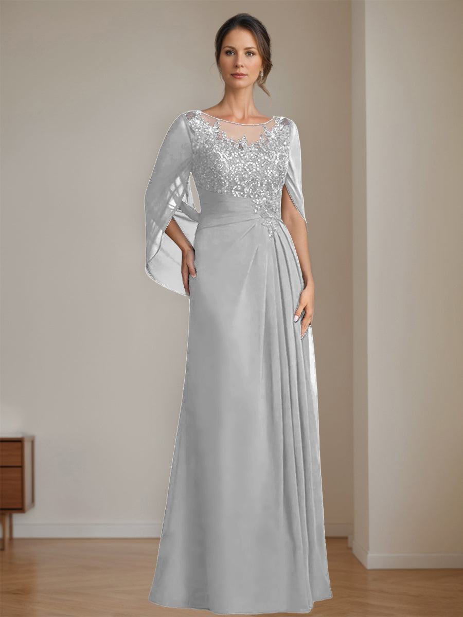 Floor-Length A-Line Princess Mother of the Bride Dresses with Scoop Neckline Pleated & Sequins