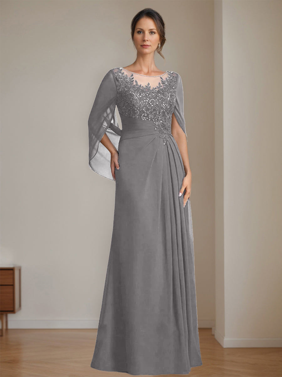 Floor-Length A-Line Princess Mother of the Bride Dresses with Scoop Neckline Pleated & Sequins