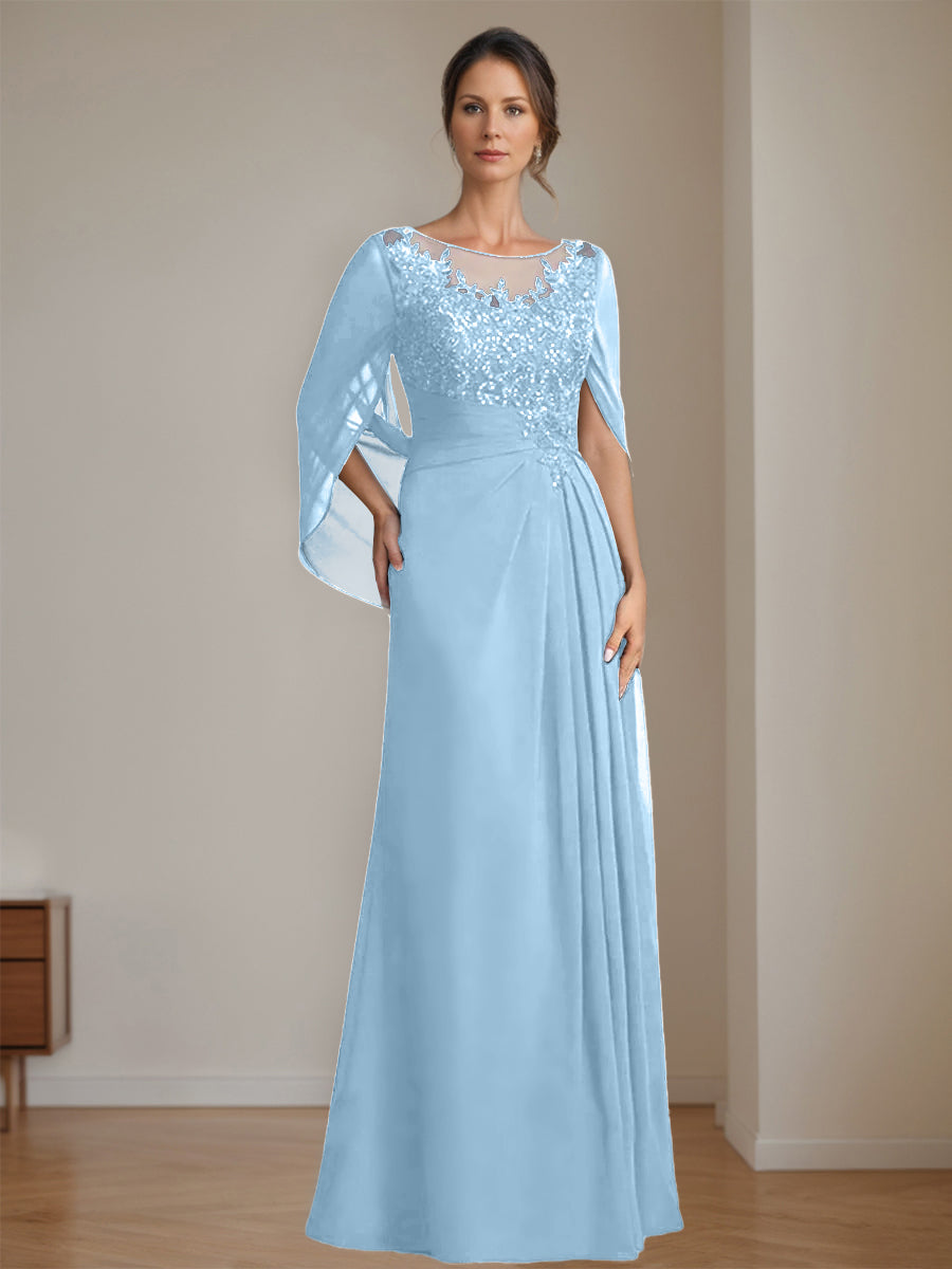 Floor-Length A-Line Princess Mother of the Bride Dresses with Scoop Neckline Pleated & Sequins