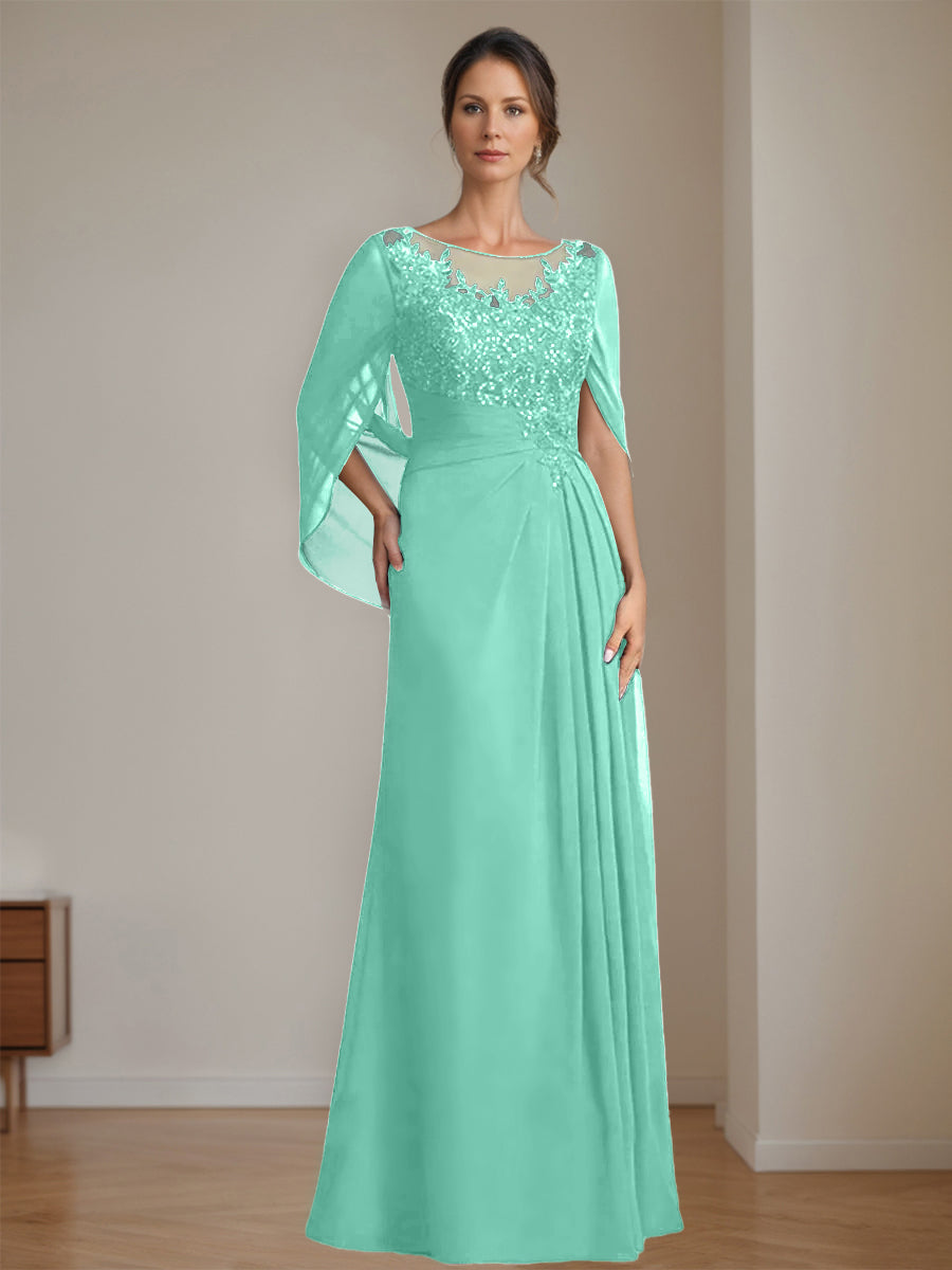 Floor-Length A-Line Princess Mother of the Bride Dresses with Scoop Neckline Pleated & Sequins