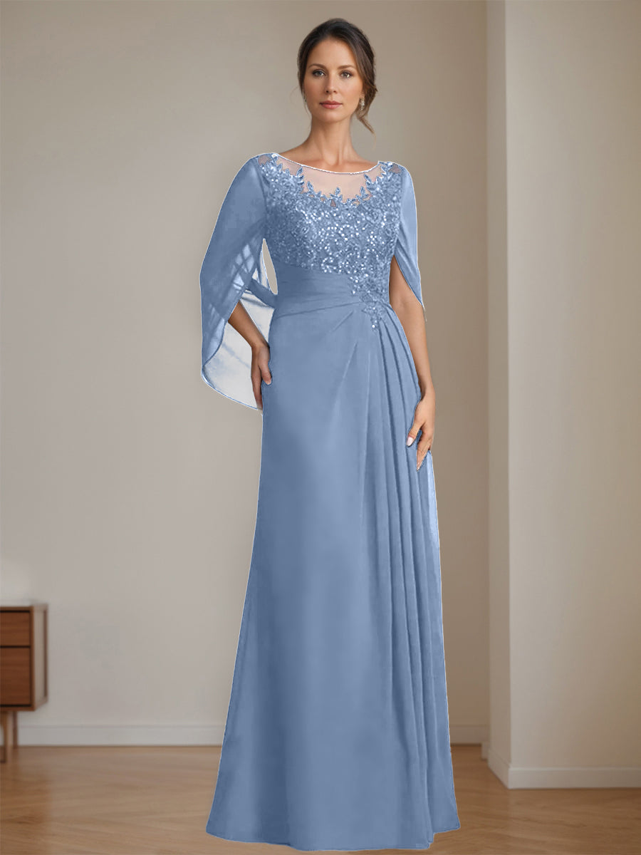 Floor-Length A-Line Princess Mother of the Bride Dresses with Scoop Neckline Pleated & Sequins