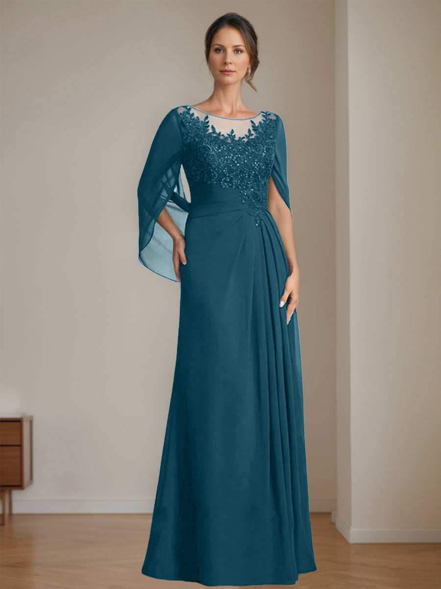 Floor-Length A-Line Princess Mother of the Bride Dresses with Scoop Neckline Pleated & Sequins