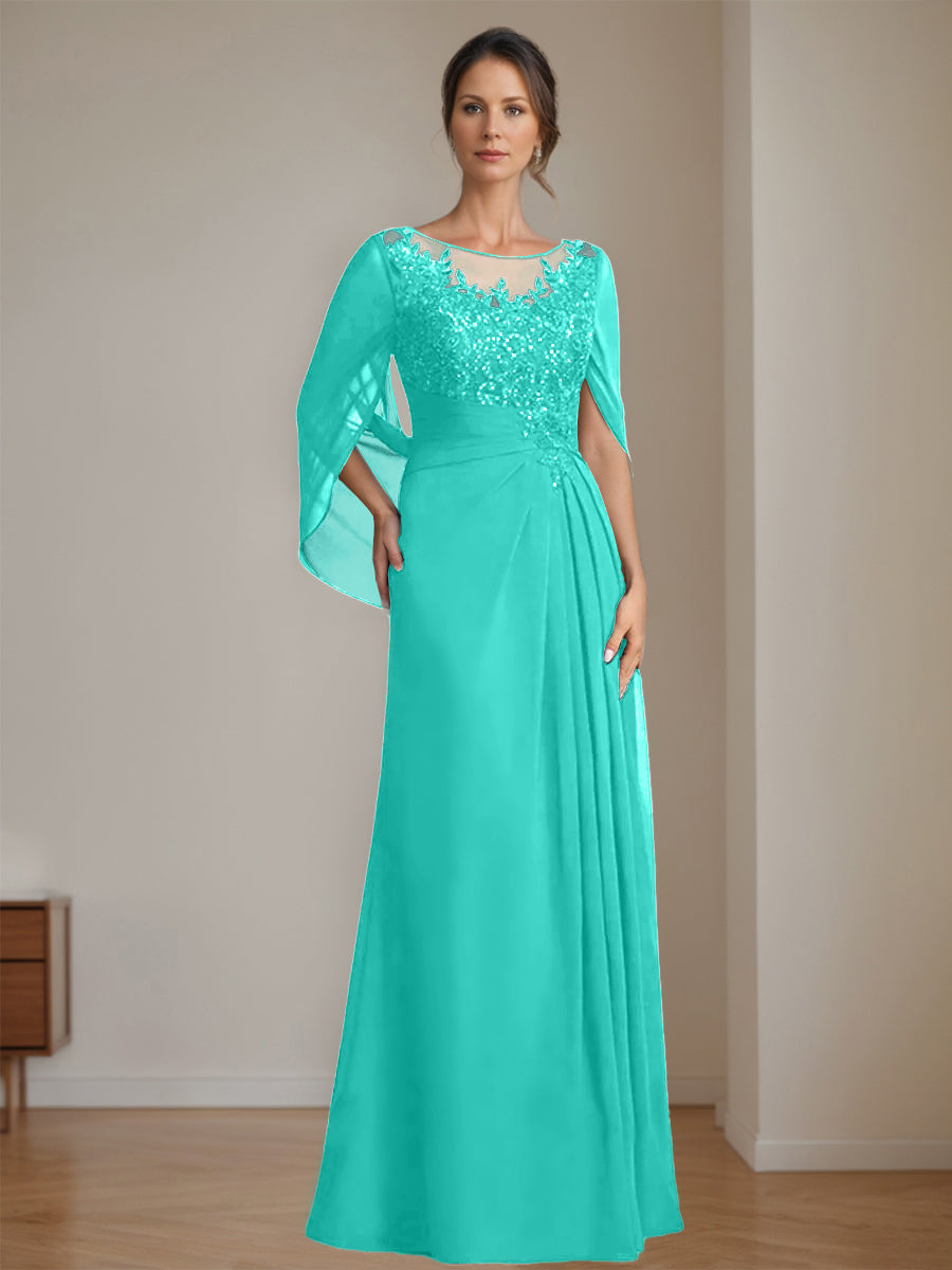 Floor-Length A-Line Princess Mother of the Bride Dresses with Scoop Neckline Pleated & Sequins