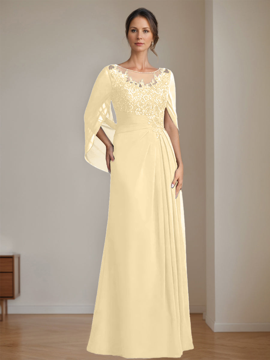 Floor-Length A-Line Princess Mother of the Bride Dresses with Scoop Neckline Pleated & Sequins