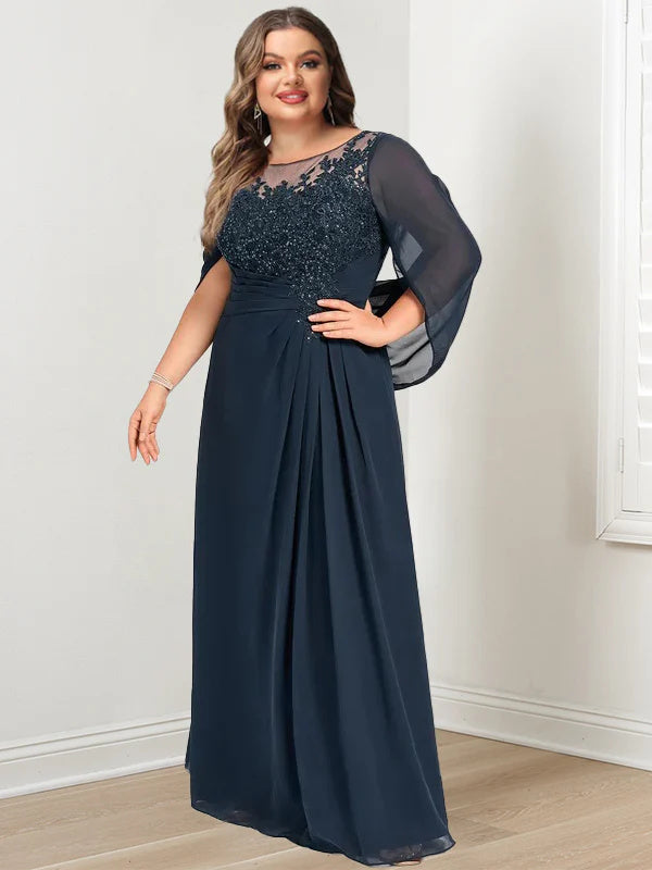 Floor-Length A-Line Princess Mother of the Bride Dresses with Scoop Neckline Pleated & Sequins