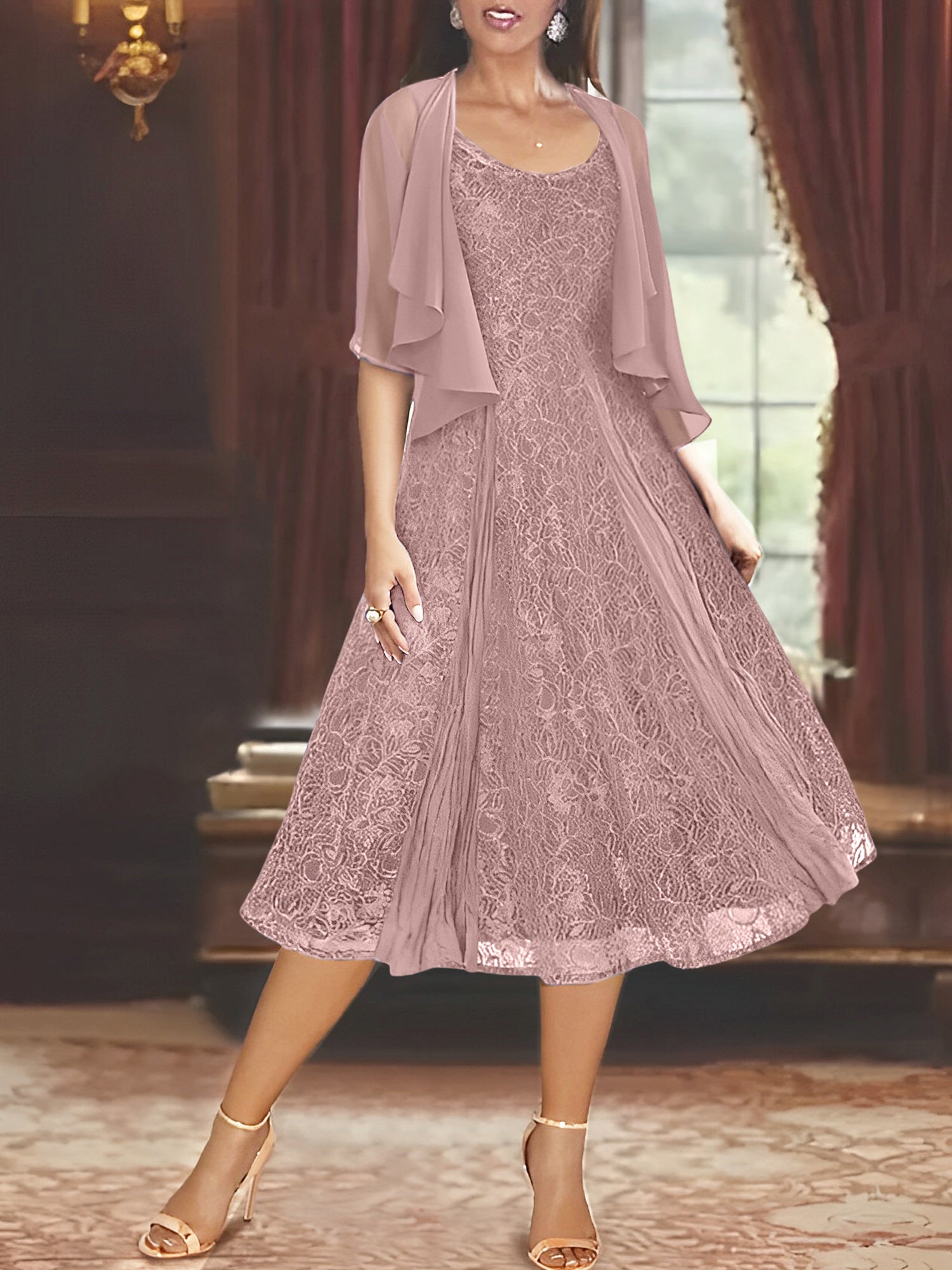 Princess A-Line Tea-Length Mother of the Bride Dress with Scoop Neck Half Sleeves Appliques and Jacket